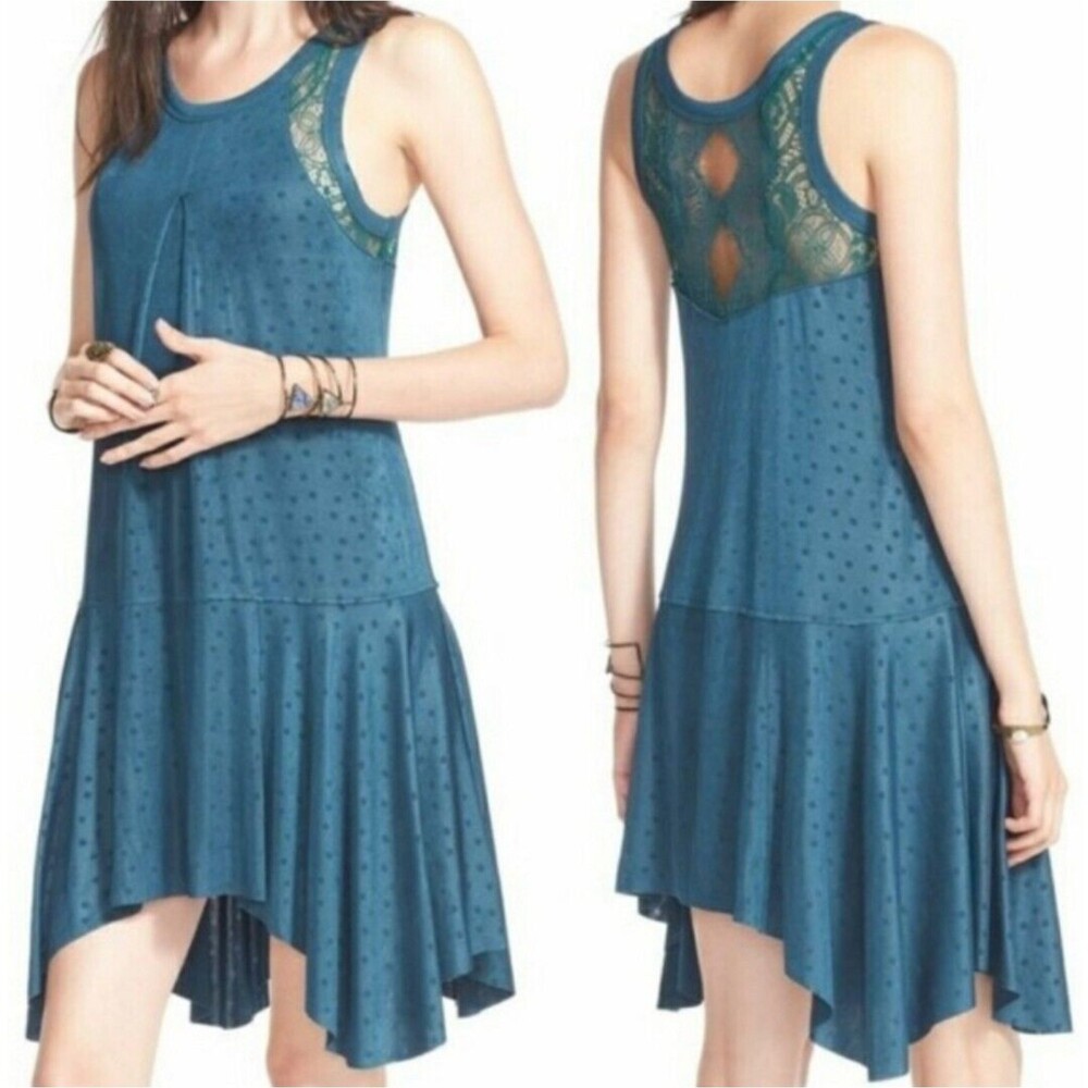 Free People Slinky Swing Dress Small Make it Count Trapeze Jade Green Sheer Lace